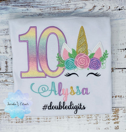 Girl embroidered birthday shirt with rainbow unicorn, 10th birthday shirt, Flower, Unicorn outfit,