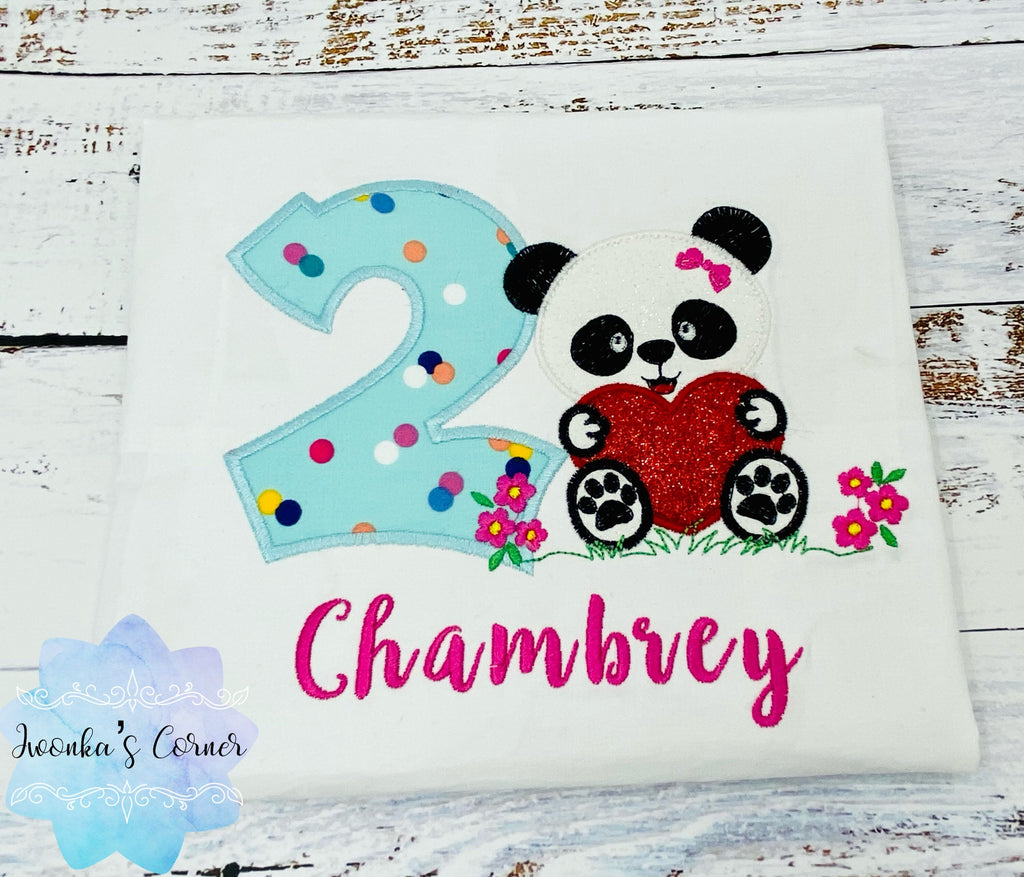 Girl Second birthday shirt with panda bear, 2nd birthday embroidery shirt, Shirt with panda bear, Polka dot birthday shirt