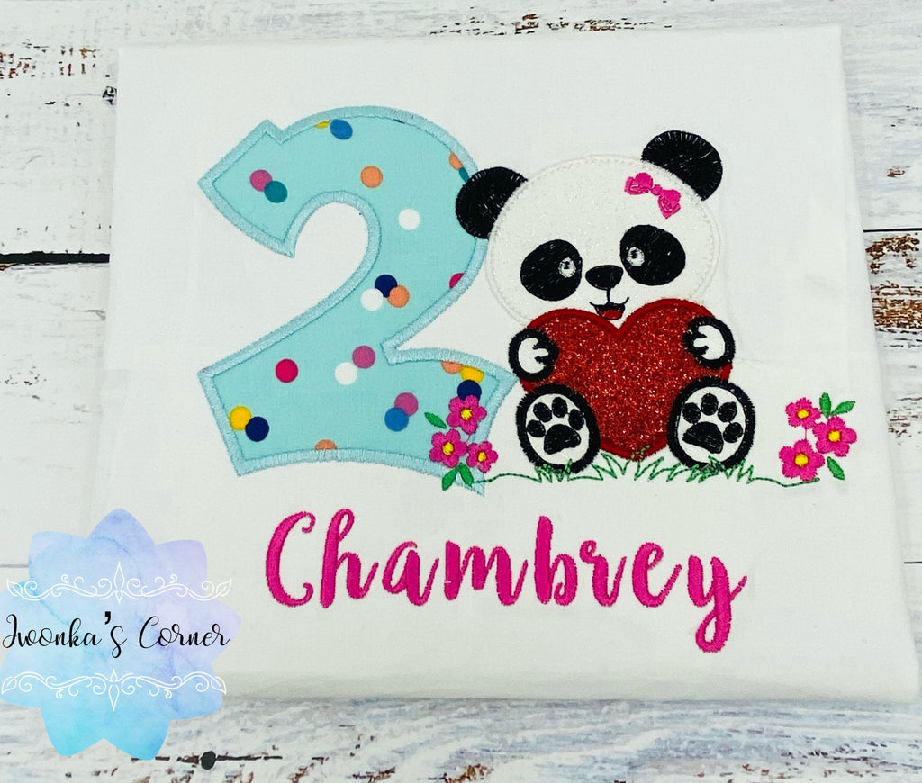 Girl Second birthday shirt with panda bear, 2nd birthday embroidery shirt, Shirt with panda bear, Polka dot birthday shirt