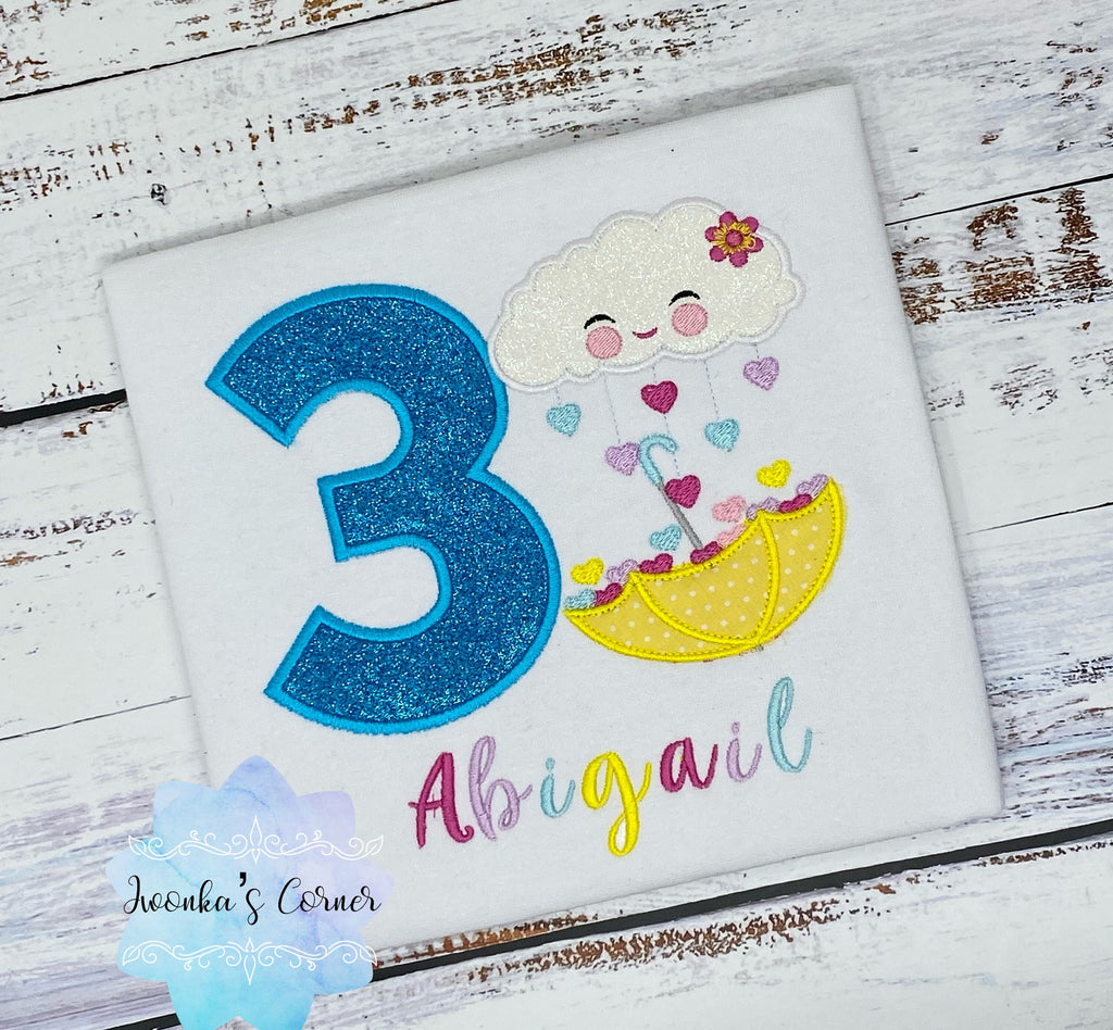 Girl shirt with Colorful rain cloud and yellow umbrella, 3rd birthday embroidered shirt, Rain embroidery applique