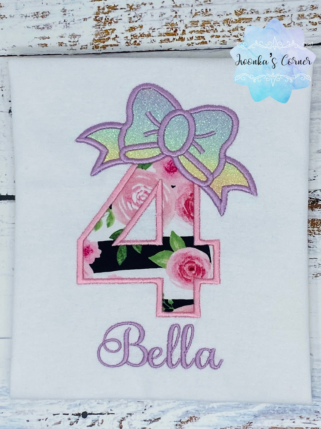 4th birthday girl shirt with ombre bow, Number with bow, Floral birthday outfit, Pink roses birthday shirt,