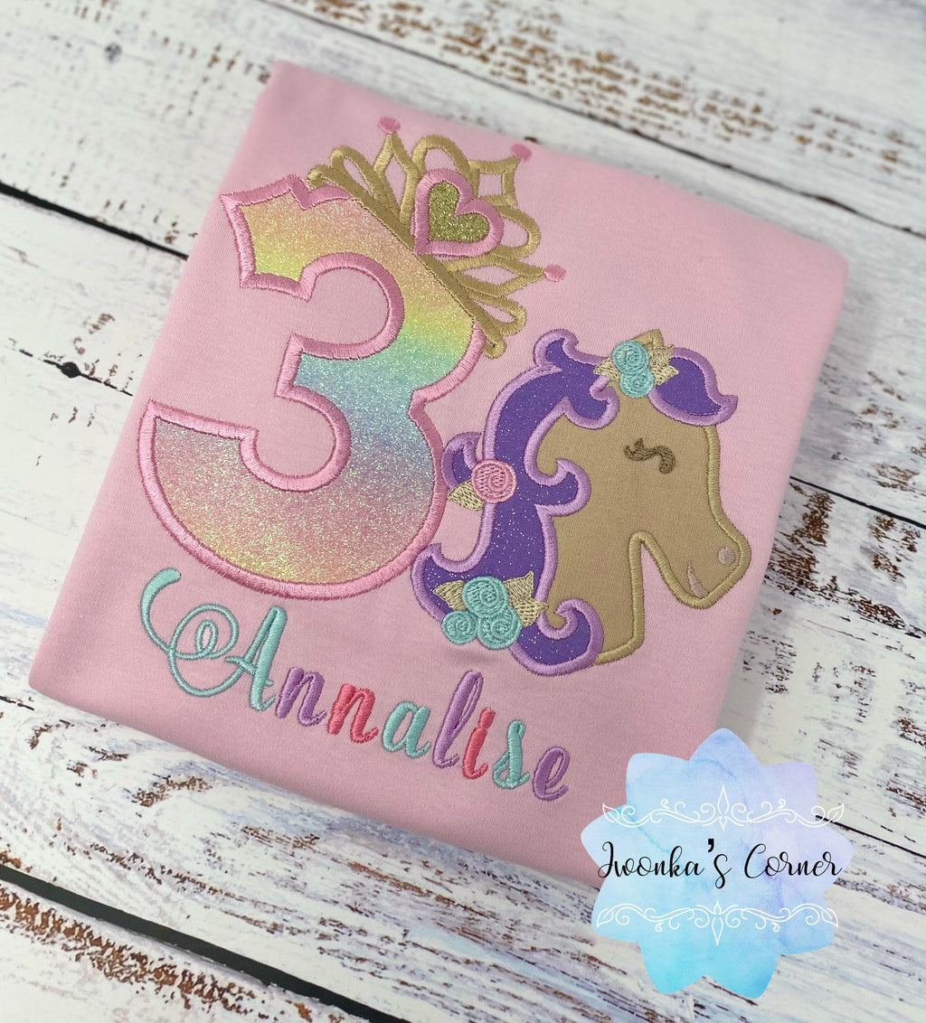 3rd birthday princess shirt, Princess shirt with tiara number and pony, Girl shirt with horse, Number with crown