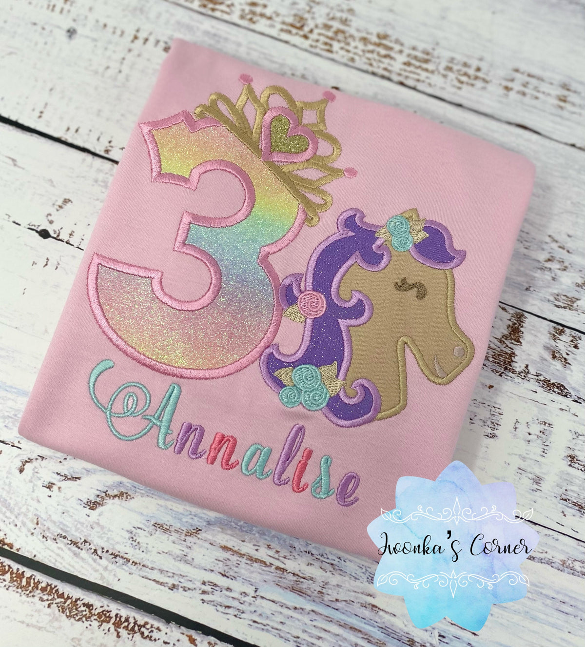 3rd birthday princess shirt, Princess shirt with tiara number and pony, Girl shirt with horse, Number with crown