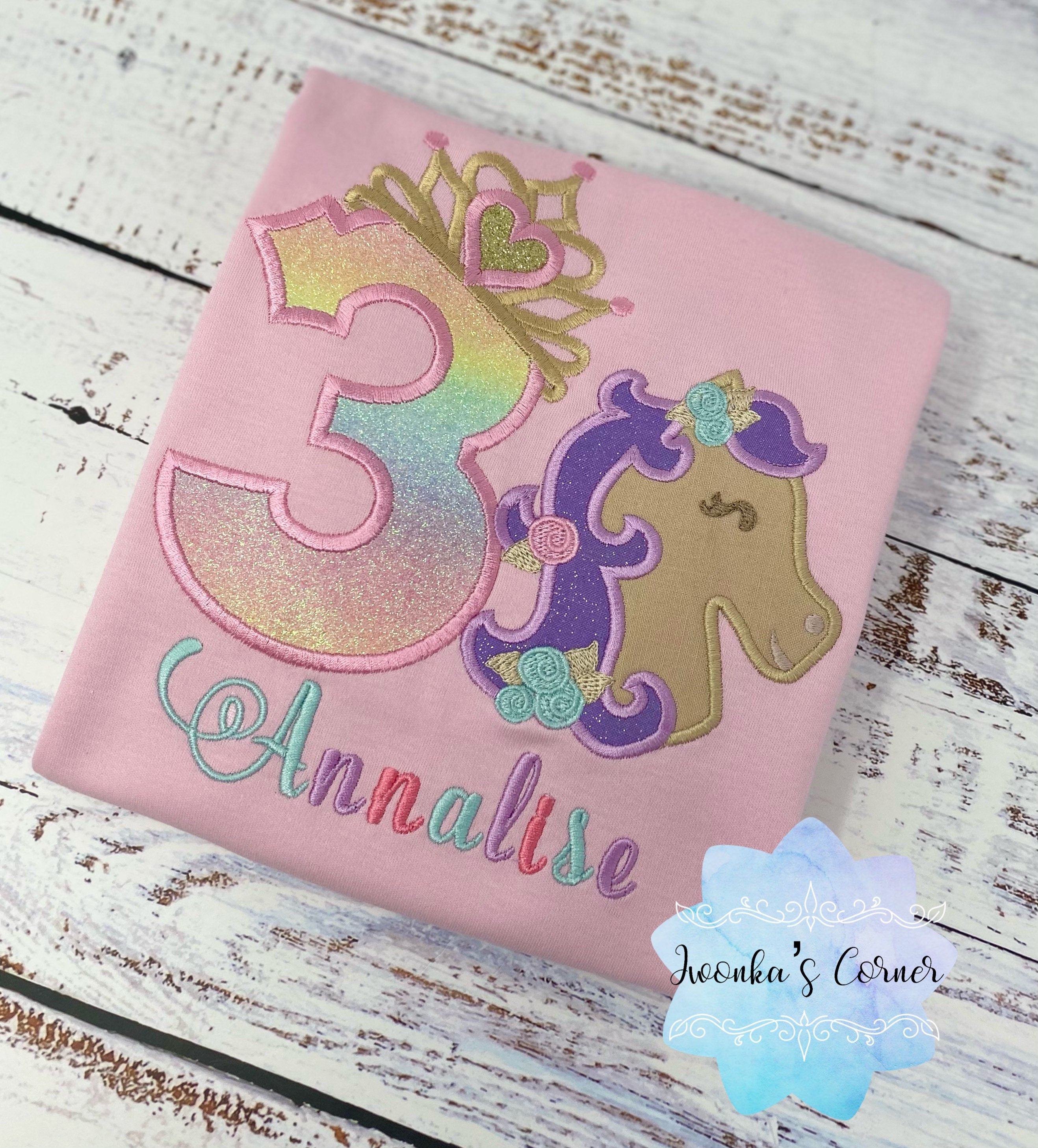 3rd birthday princess shirt, Princess shirt with tiara number and pony, Girl shirt with horse, Number with crown