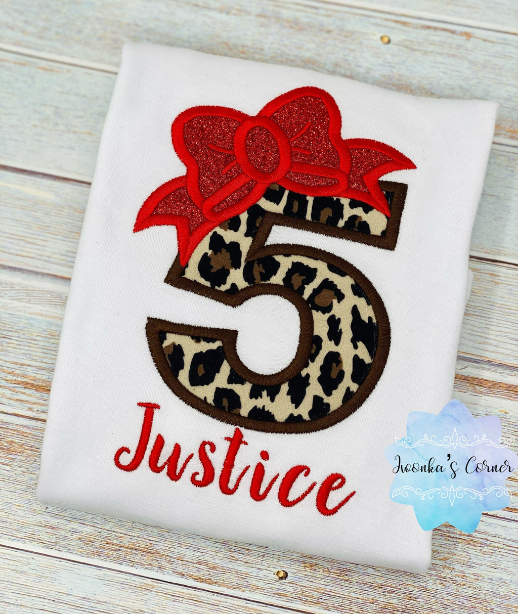 Girl birthday shirt with cheetah number and red bow, 5th birthday outfit, Personalized shirt, 1st, 2nd, 3rd, 4th birthday shirt, Leopard tee