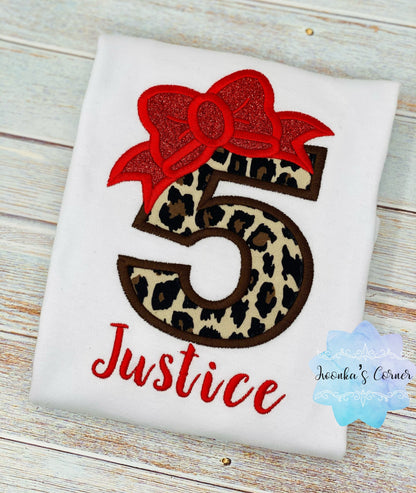 Girl birthday shirt with cheetah number and red bow, 5th birthday outfit, Personalized shirt, 1st, 2nd, 3rd, 4th birthday shirt, Leopard tee