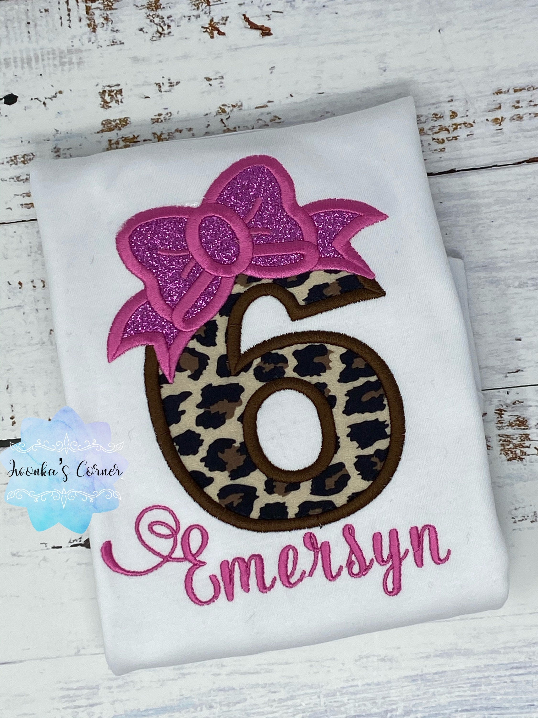 Girl birthday shirt with cheetah print number, 6th birthday shirt, Cheetah print shirt