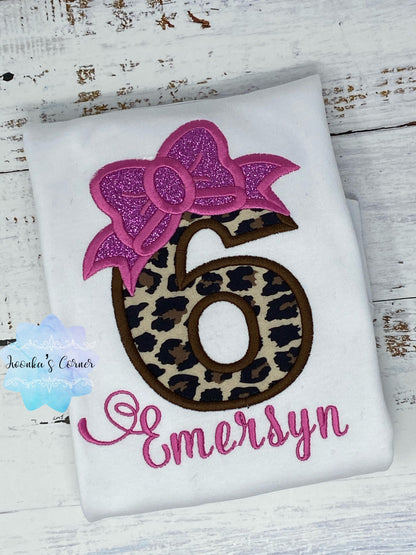 Girl birthday shirt with cheetah print number, 6th birthday shirt, Cheetah print shirt