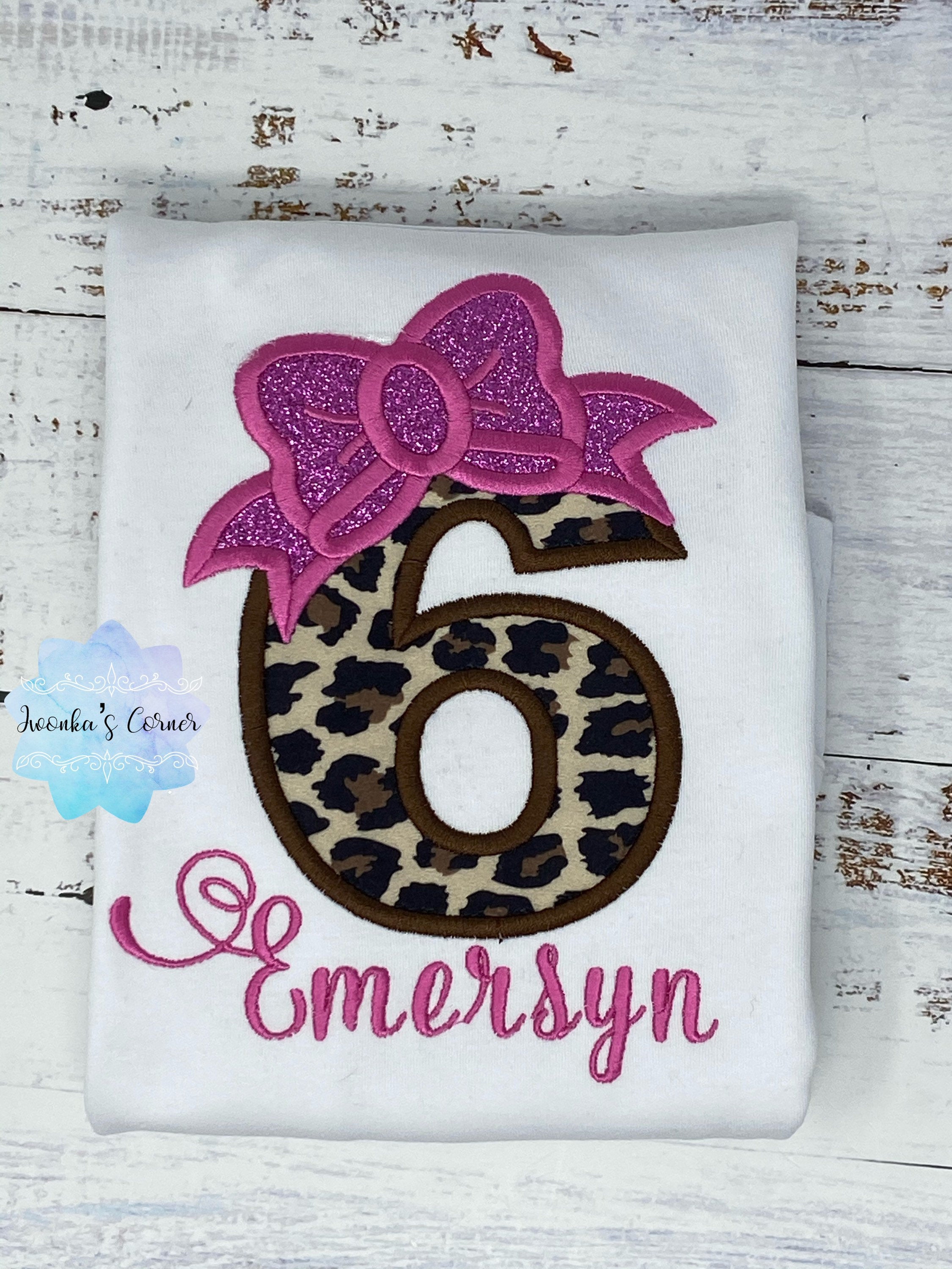 Girl birthday shirt with cheetah print number, 6th birthday shirt, Cheetah print shirt
