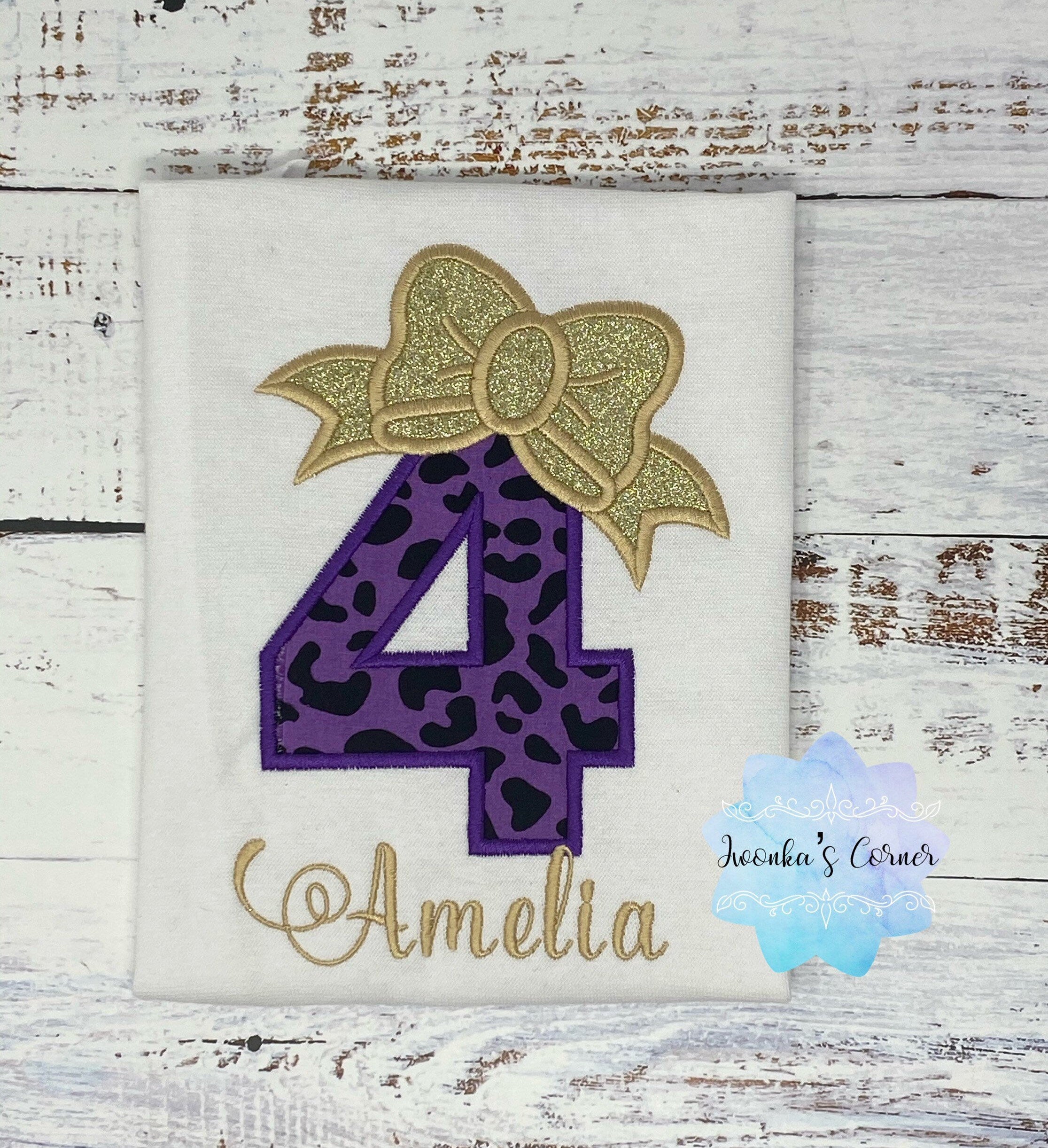 Cheetah birthday shirt - Girl shirt with purple cheetah print number - Girl Embroidery shirt - 4th birthday shirt - Cheetah print shirt