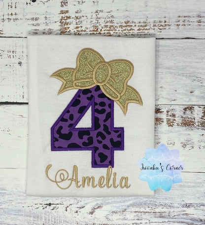 Cheetah birthday shirt - Girl shirt with purple cheetah print number - Girl Embroidery shirt - 4th birthday shirt - Cheetah print shirt