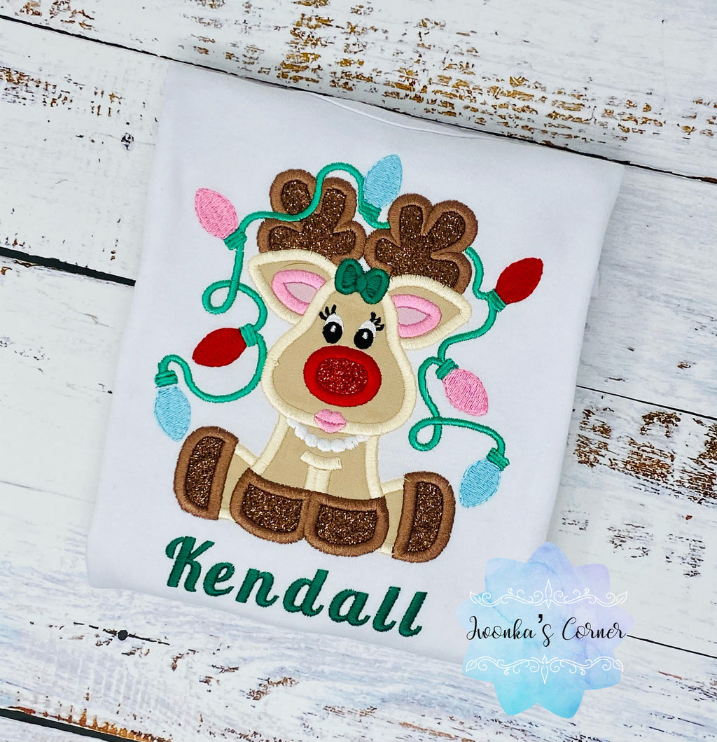 Girl Christmas shirt with deer tangled with Christmas lights, Christmas shirt for a girl, Shirt with Christmas deer