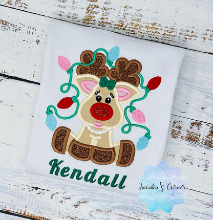 Girl Christmas shirt with deer tangled with Christmas lights, Christmas shirt for a girl, Shirt with Christmas deer