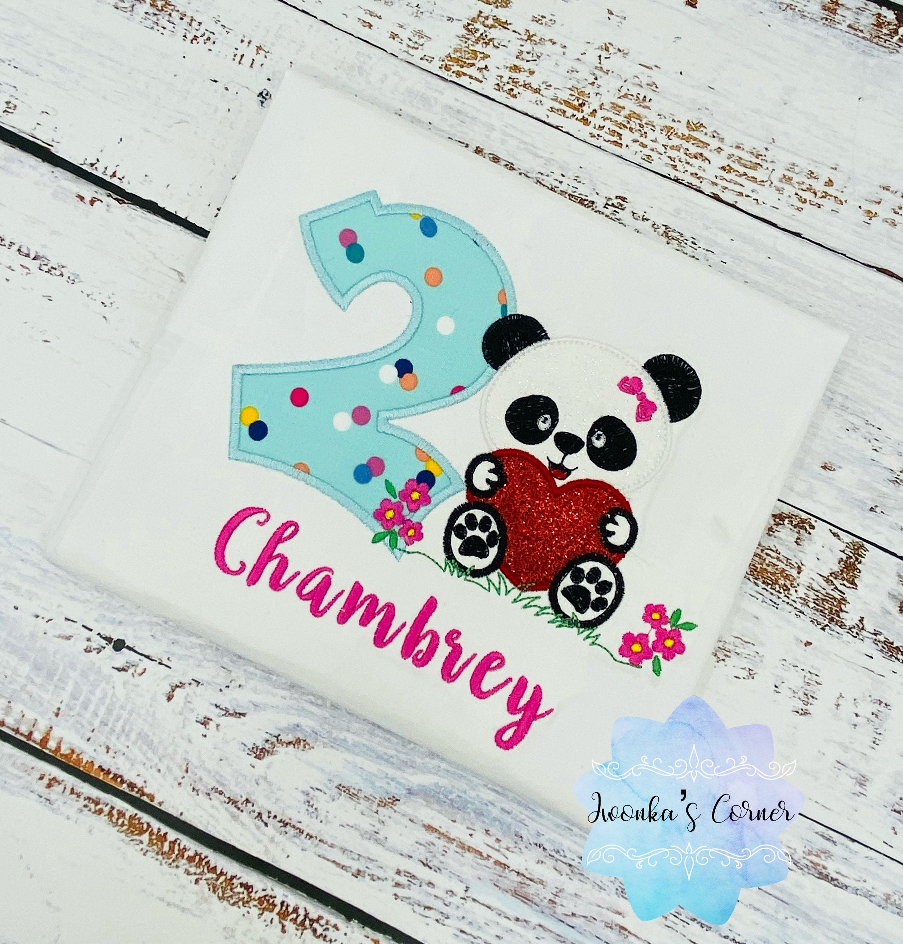 Girl Second birthday shirt with panda bear, 2nd birthday embroidery shirt, Shirt with panda bear, Polka dot birthday shirt