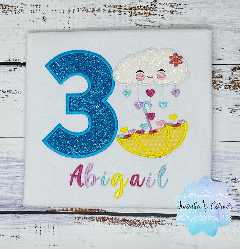 Girl shirt with Colorful rain cloud and yellow umbrella, 3rd birthday embroidered shirt, Rain embroidery applique