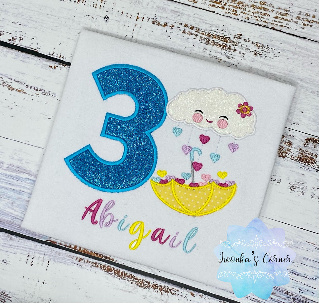 Girl shirt with Colorful rain cloud and yellow umbrella, 3rd birthday embroidered shirt, Rain embroidery applique