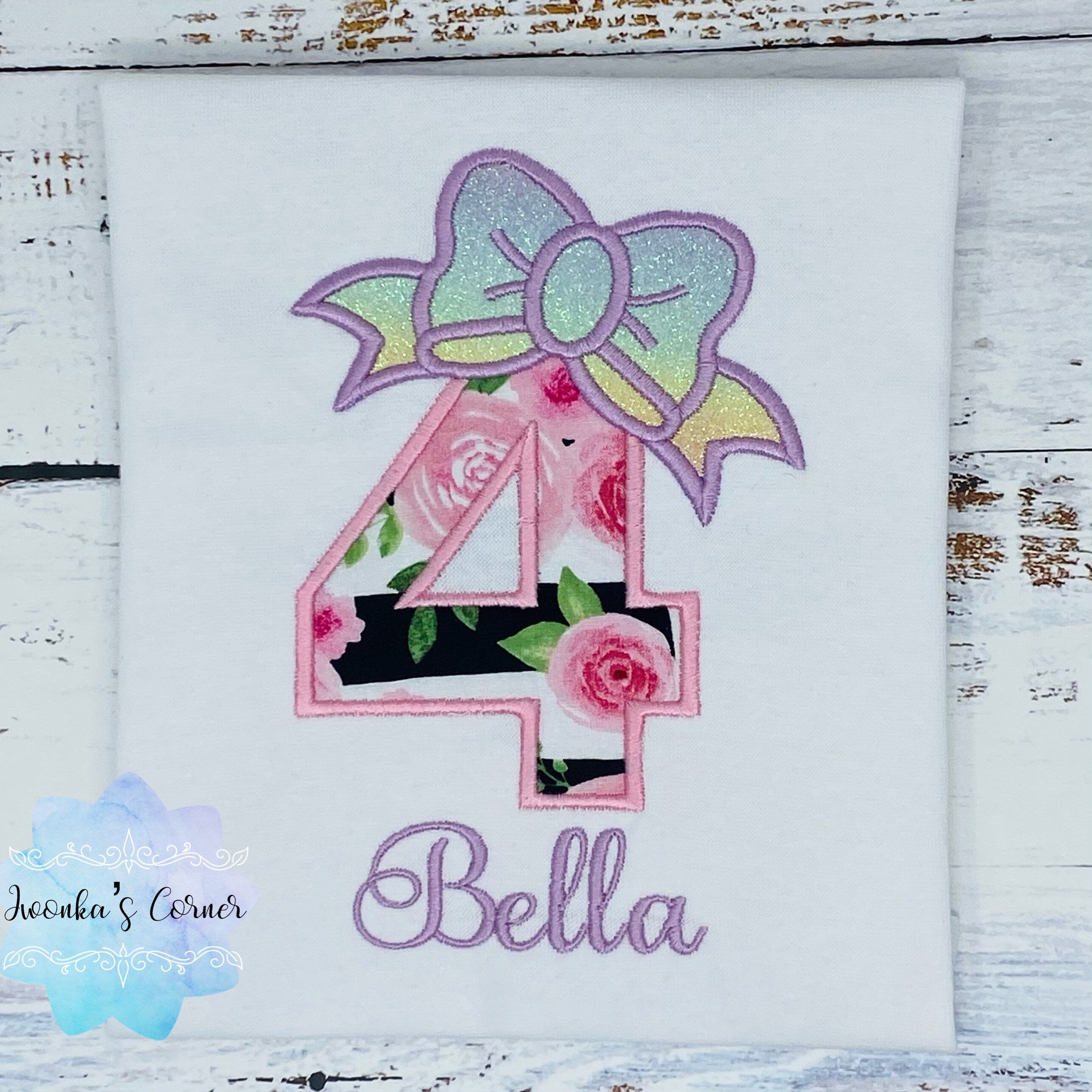 4th birthday girl shirt with ombre bow, Number with bow, Floral birthday outfit, Pink roses birthday shirt,