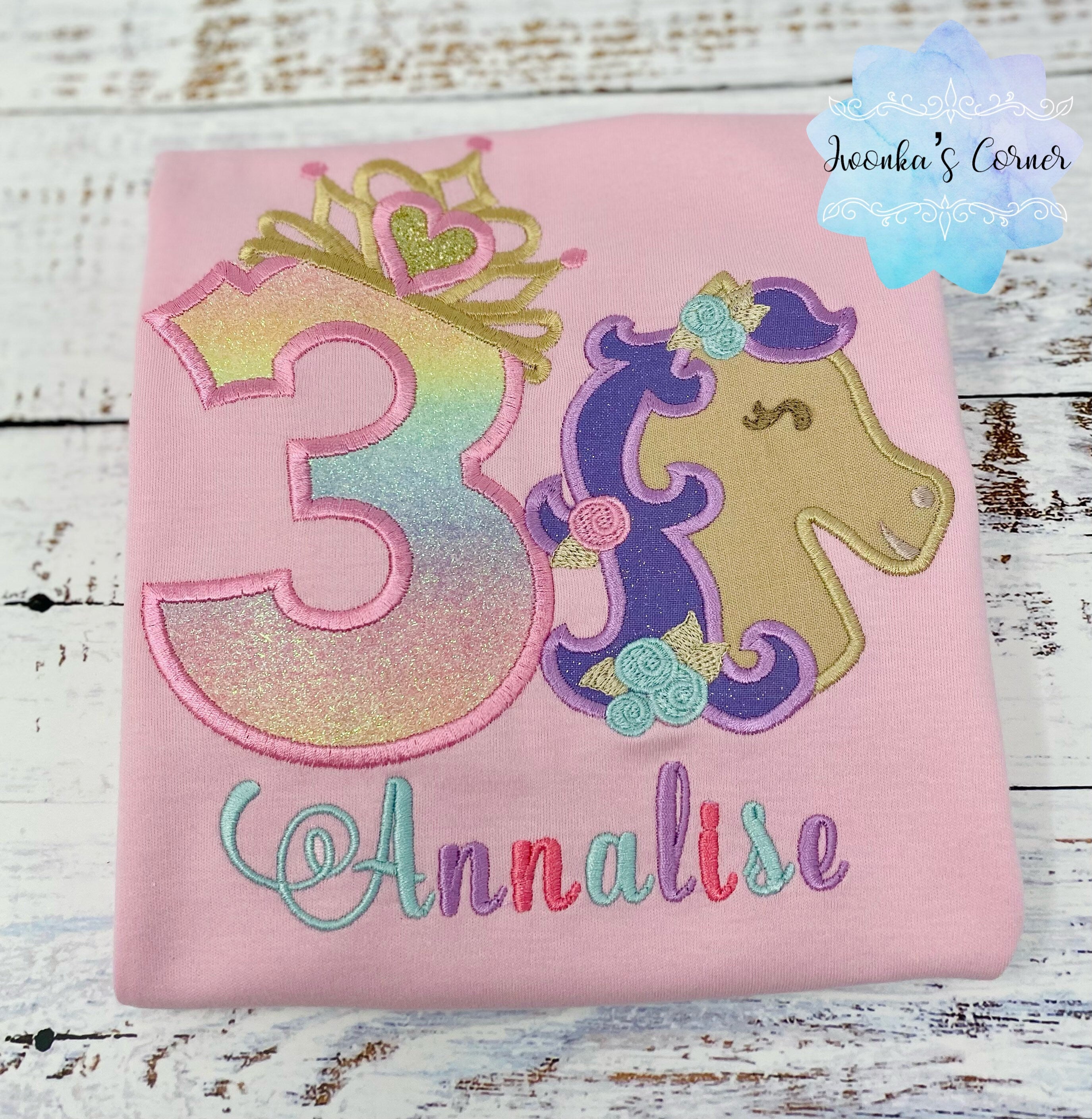 3rd birthday princess shirt, Princess shirt with tiara number and pony, Girl shirt with horse, Number with crown