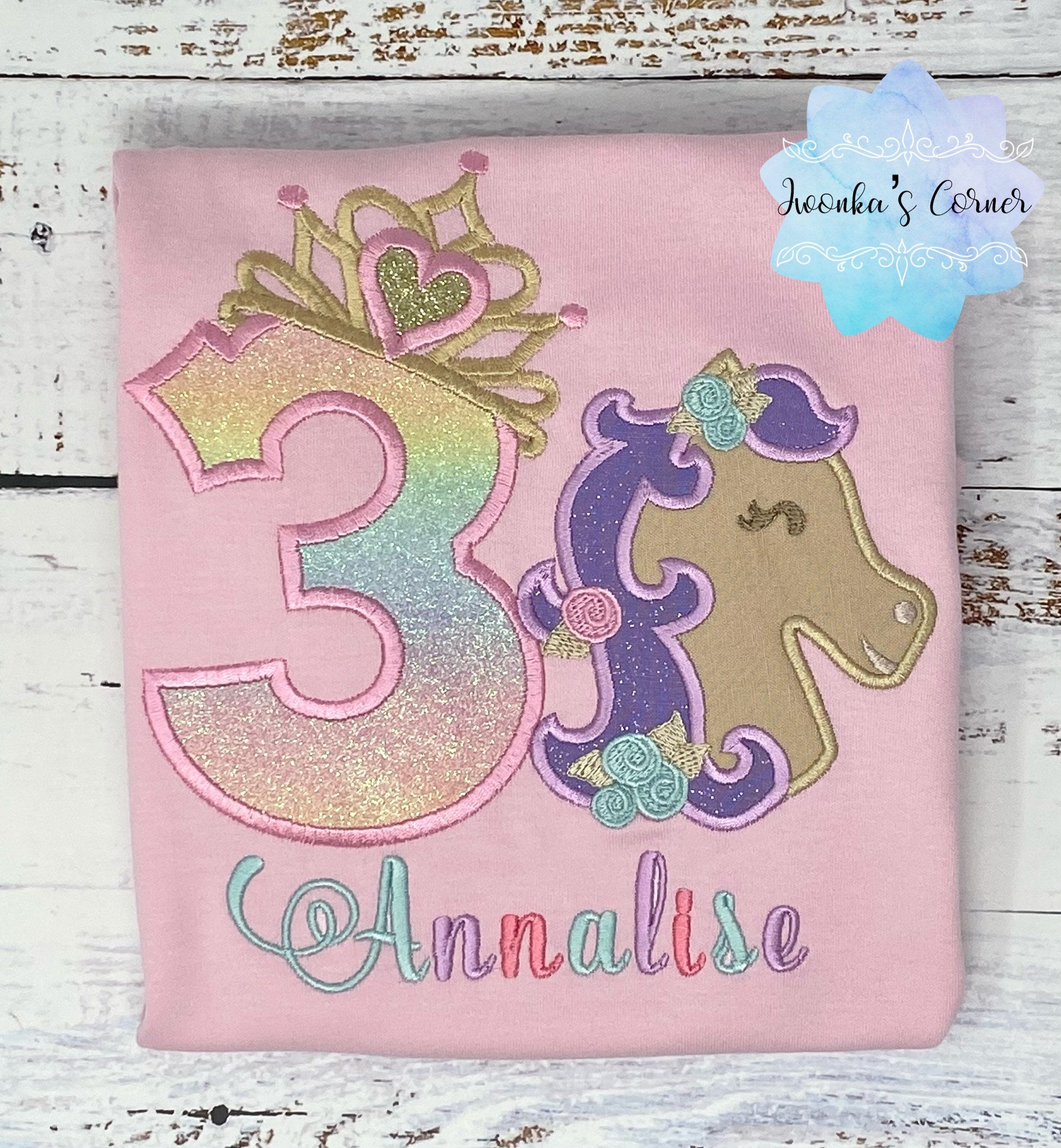 3rd birthday princess shirt, Princess shirt with tiara number and pony, Girl shirt with horse, Number with crown