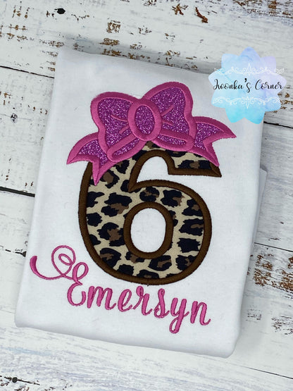 Girl birthday shirt with cheetah print number, 6th birthday shirt, Cheetah print shirt