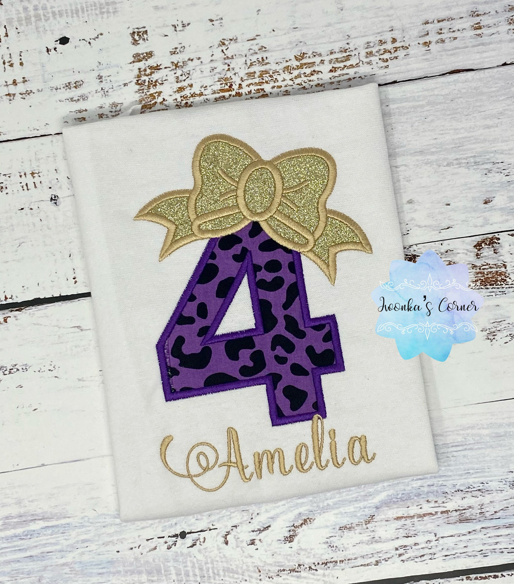 Cheetah birthday shirt - Girl shirt with purple cheetah print number - Girl Embroidery shirt - 4th birthday shirt - Cheetah print shirt