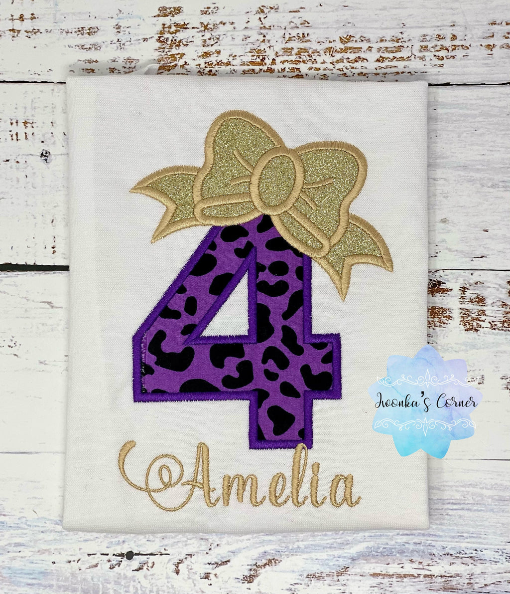 Cheetah birthday shirt - Girl shirt with purple cheetah print number - Girl Embroidery shirt - 4th birthday shirt - Cheetah print shirt