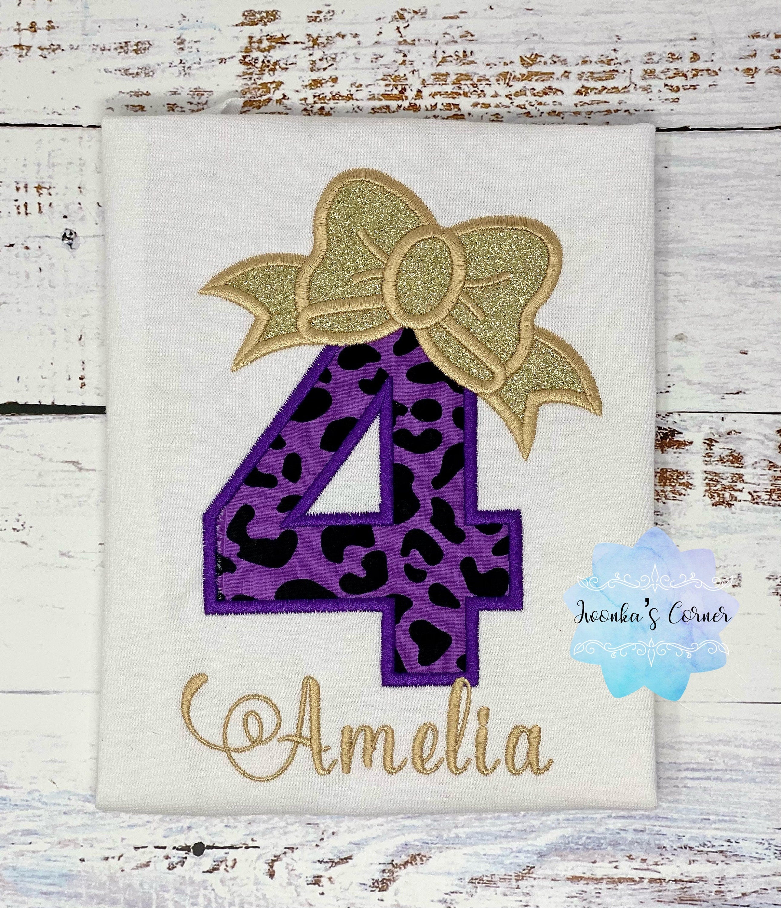 Cheetah birthday shirt - Girl shirt with purple cheetah print number - Girl Embroidery shirt - 4th birthday shirt - Cheetah print shirt