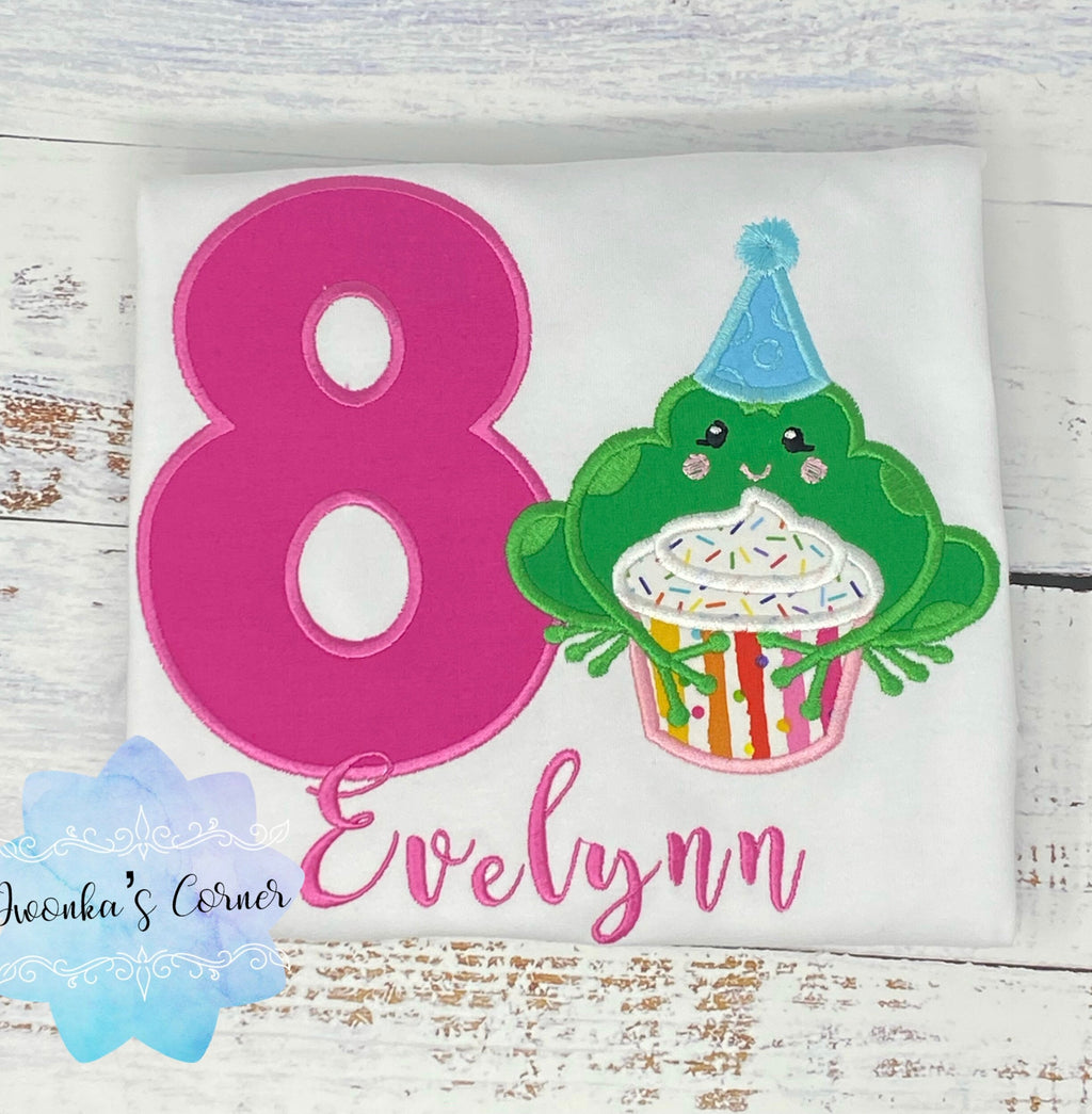 8th Birthday Shirt for a Girl with frog, Shirt with frog, Any age, Shirt with green frog