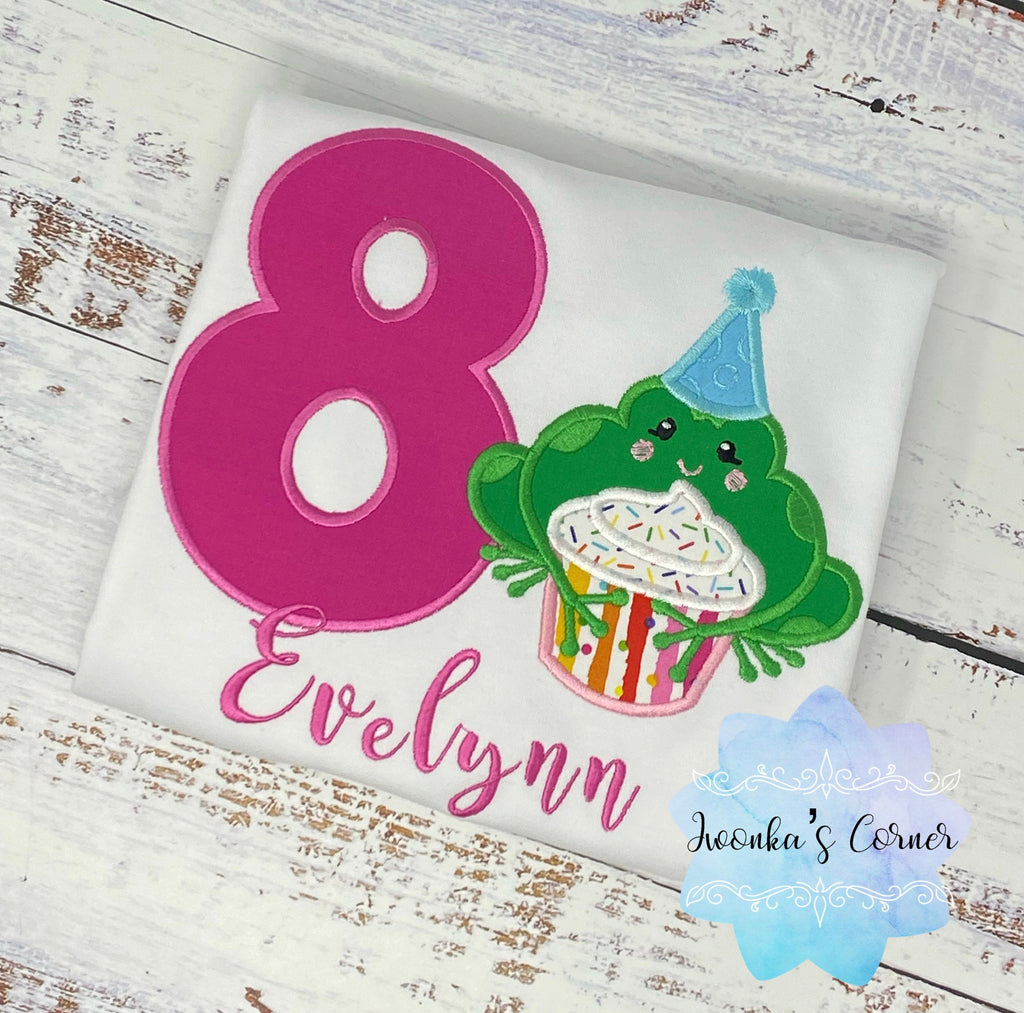 8th Birthday Shirt for a Girl with frog, Shirt with frog, Any age, Shirt with green frog
