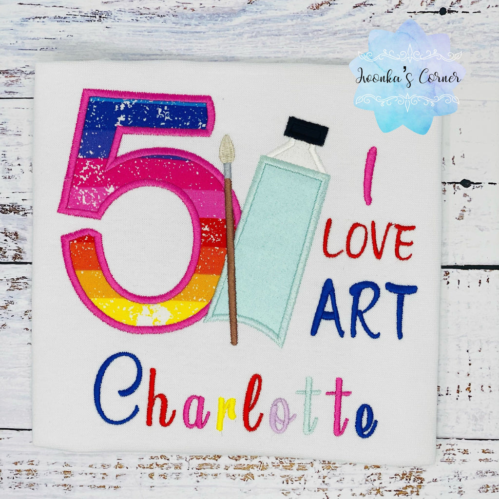 Girl 5th Birthday Shirt, I love art Birthday Embroidery Shirt, Shirt with Brush and Paint, Kids Birthday Art Paint shirt