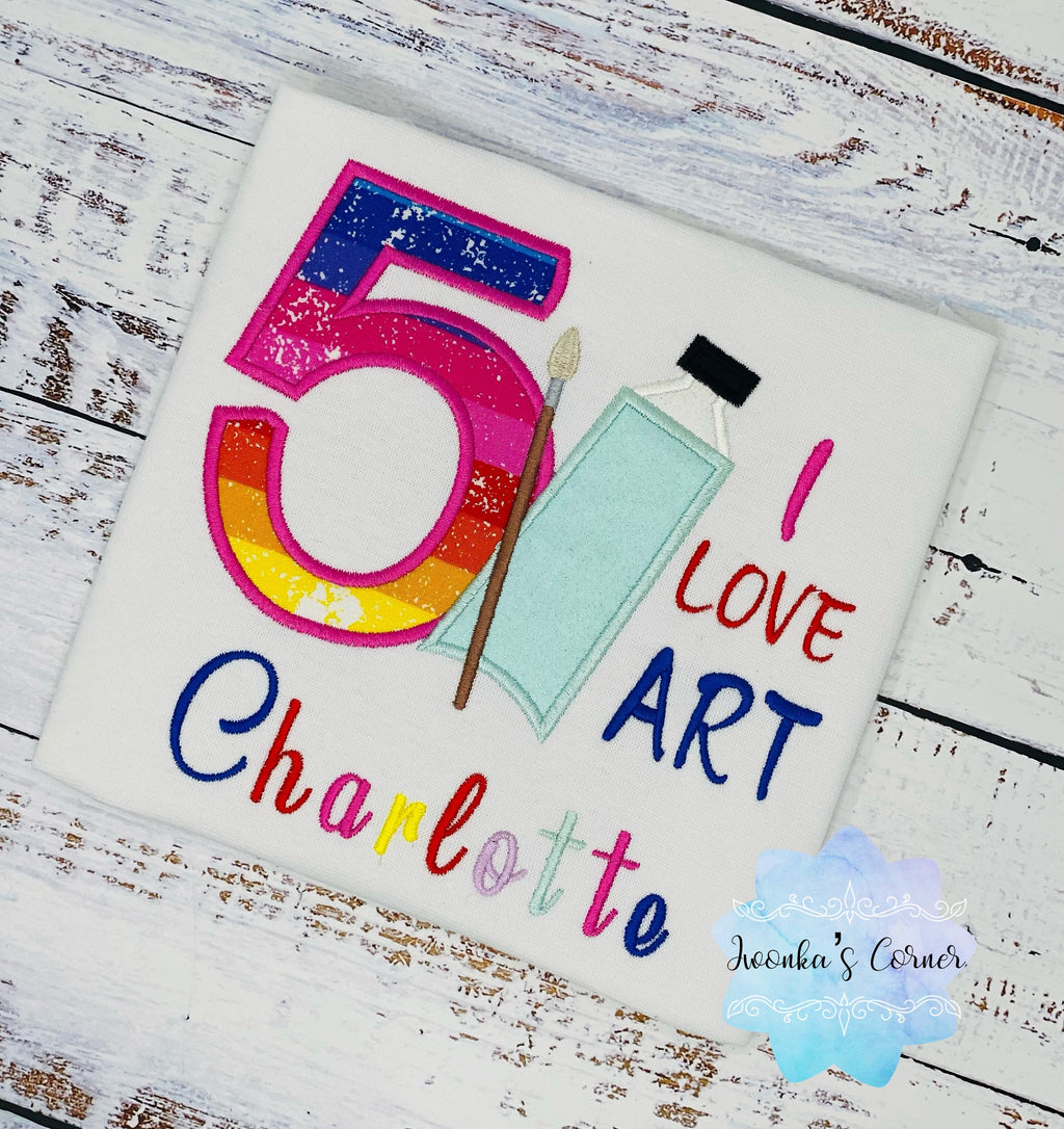 Girl 5th Birthday Shirt, I love art Birthday Embroidery Shirt, Shirt with Brush and Paint, Kids Birthday Art Paint shirt