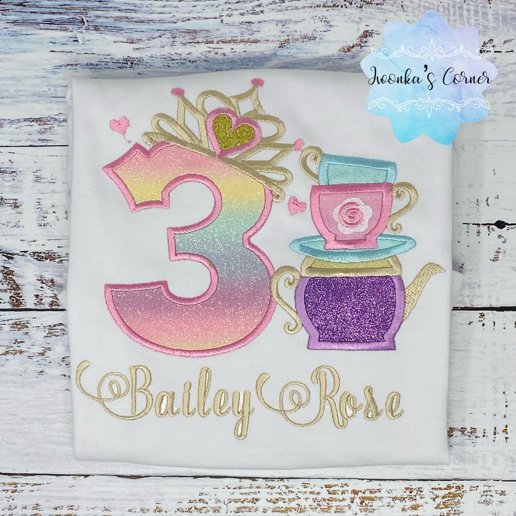 Girl 6th Birthday Shirt with princess tiara Number and tea cups, Tea party shirt, 2nd, 3rd, 4th, 5th, 7th birthday outfit for tea party