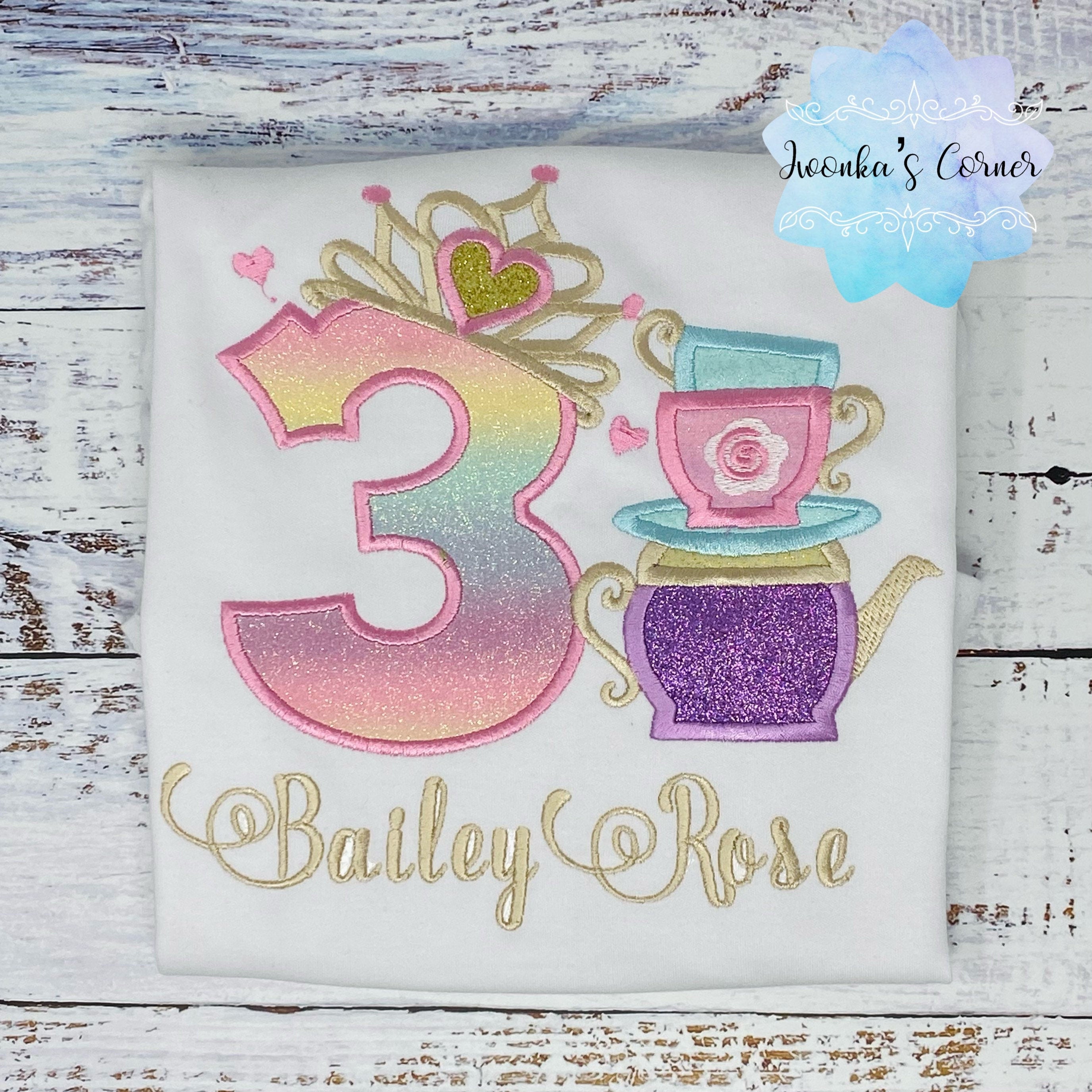 Girl 6th Birthday Shirt with princess tiara Number and tea cups, Tea party shirt, 2nd, 3rd, 4th, 5th, 7th birthday outfit for tea party