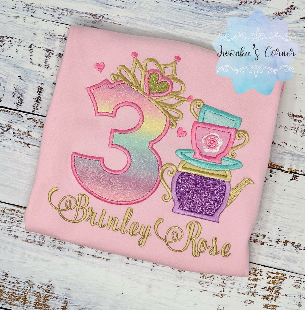 Girl 3rd birthday shirt with teapot and tea cups, Tea party shirt, 2nd, 4th, 5th, 6th birthday outfit for tea party