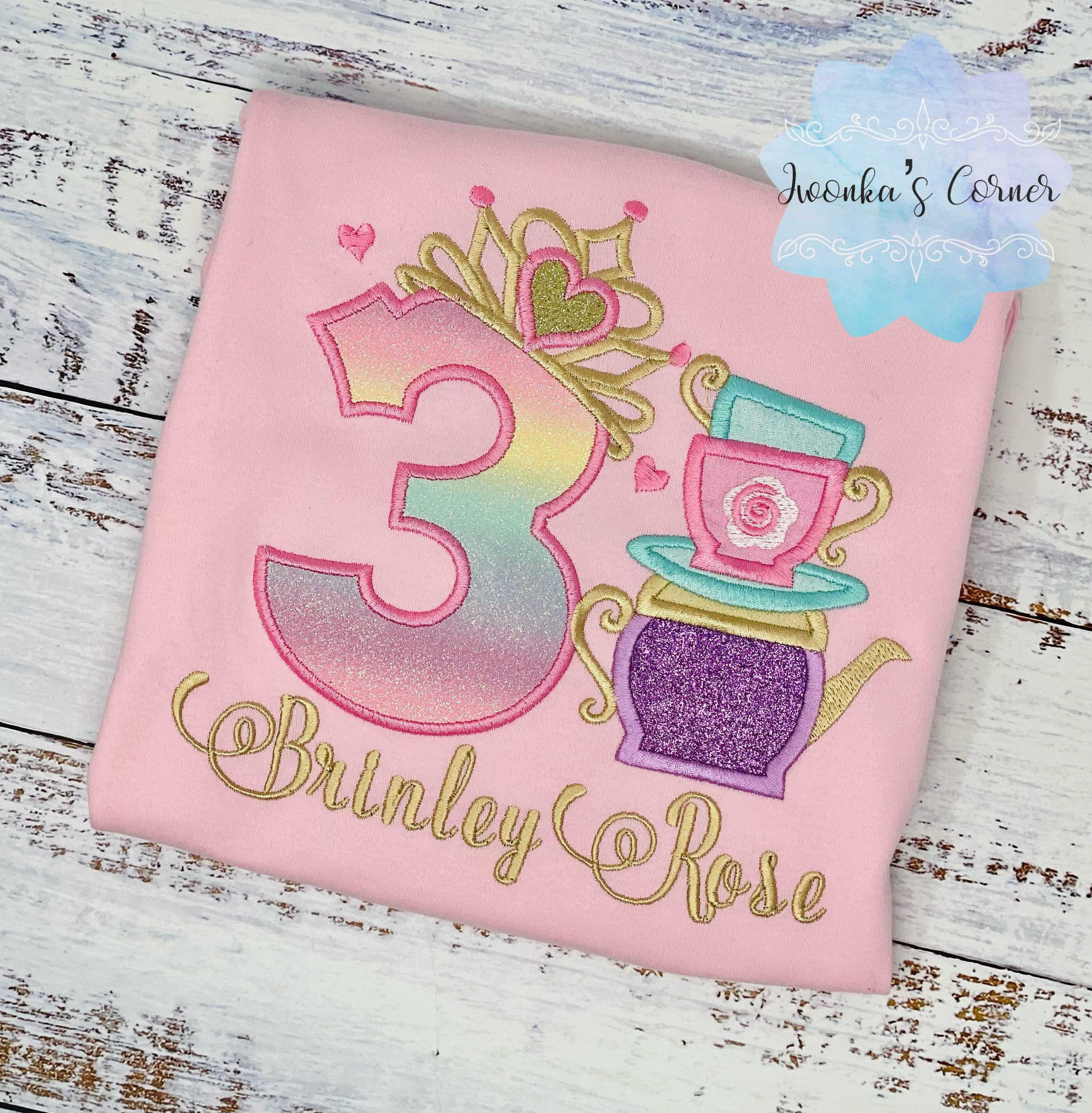Girl 3rd birthday shirt with teapot and tea cups, Tea party shirt, 2nd, 4th, 5th, 6th birthday outfit for tea party