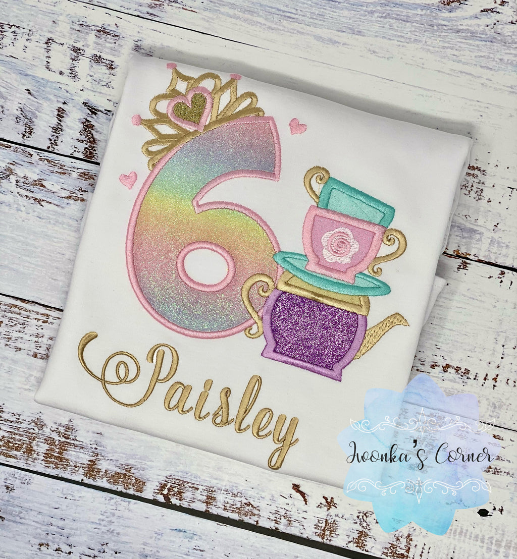 Girl 6th Birthday Shirt with princess tiara Number and tea cups, Tea party shirt, 2nd, 3rd, 4th, 5th, 7th birthday outfit for tea party