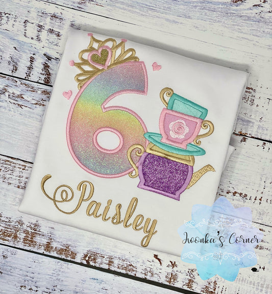 Girl 6th Birthday Shirt with princess tiara Number and tea cups, Tea party shirt, 2nd, 3rd, 4th, 5th, 7th birthday outfit for tea party