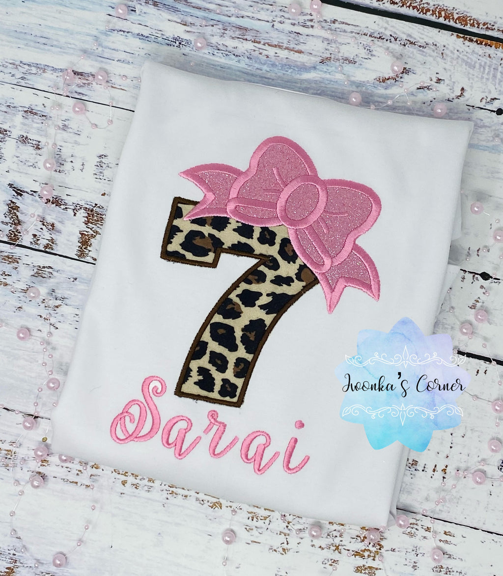 Girl cheetah 7th birthday number shirt, Pink bow cheetah print birthday outfit, Girl all ages birthday outfit, Leopard print