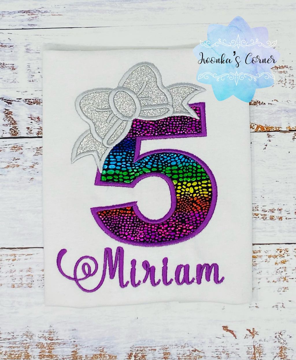 Girl Birthday Shirt with Rainbow Number and Silver Bow, 5th Birthday Outfit, Personalized Shirt, 1st, 2nd, 3rd, 4th birthday shirt,