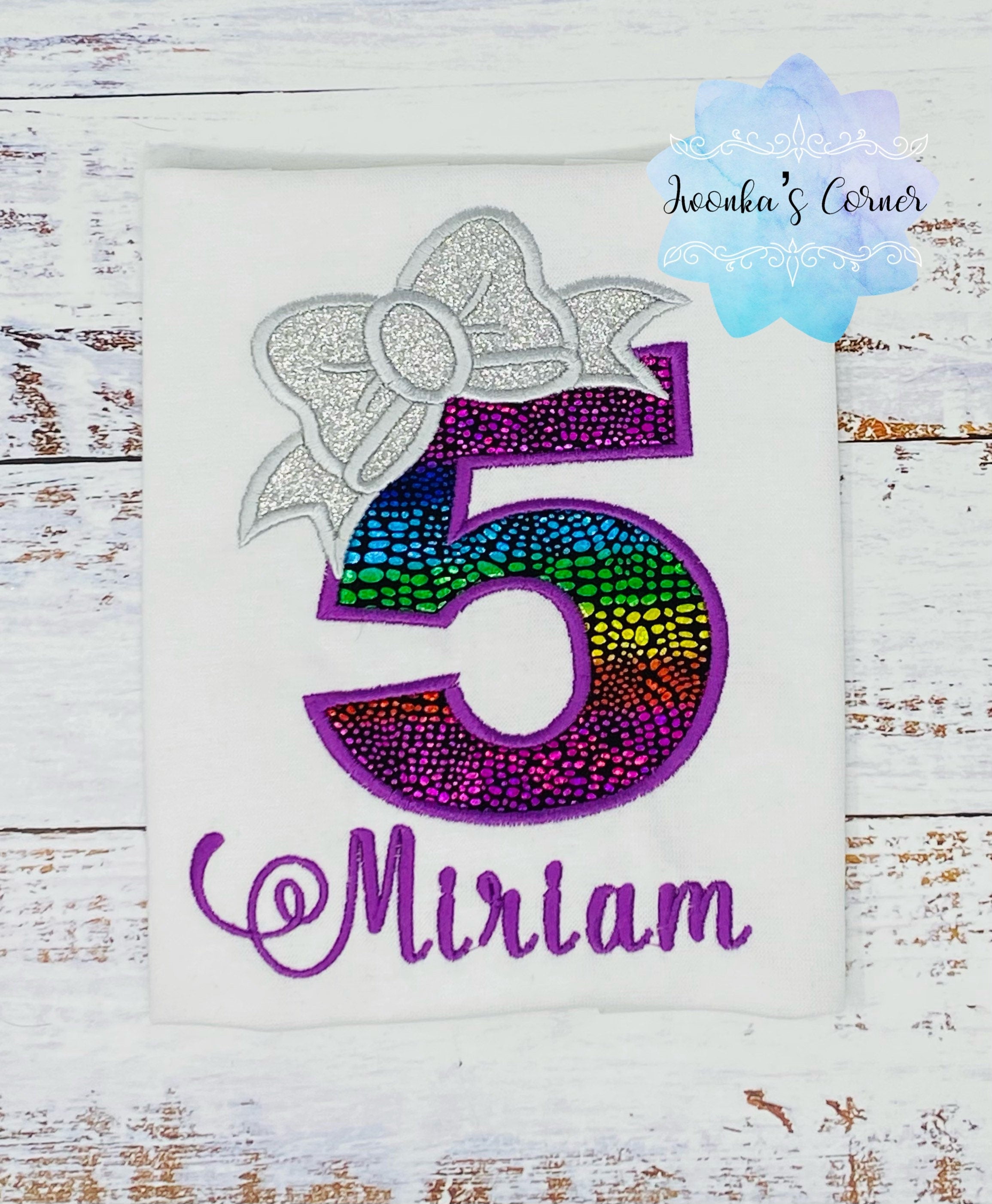 Girl Birthday Shirt with Rainbow Number and Silver Bow, 5th Birthday Outfit, Personalized Shirt, 1st, 2nd, 3rd, 4th birthday shirt,