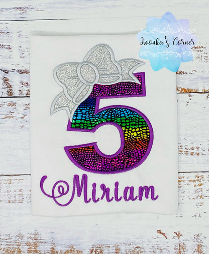 Girl Birthday Shirt with Rainbow Number and Silver Bow, 5th Birthday Outfit, Personalized Shirt, 1st, 2nd, 3rd, 4th birthday shirt,