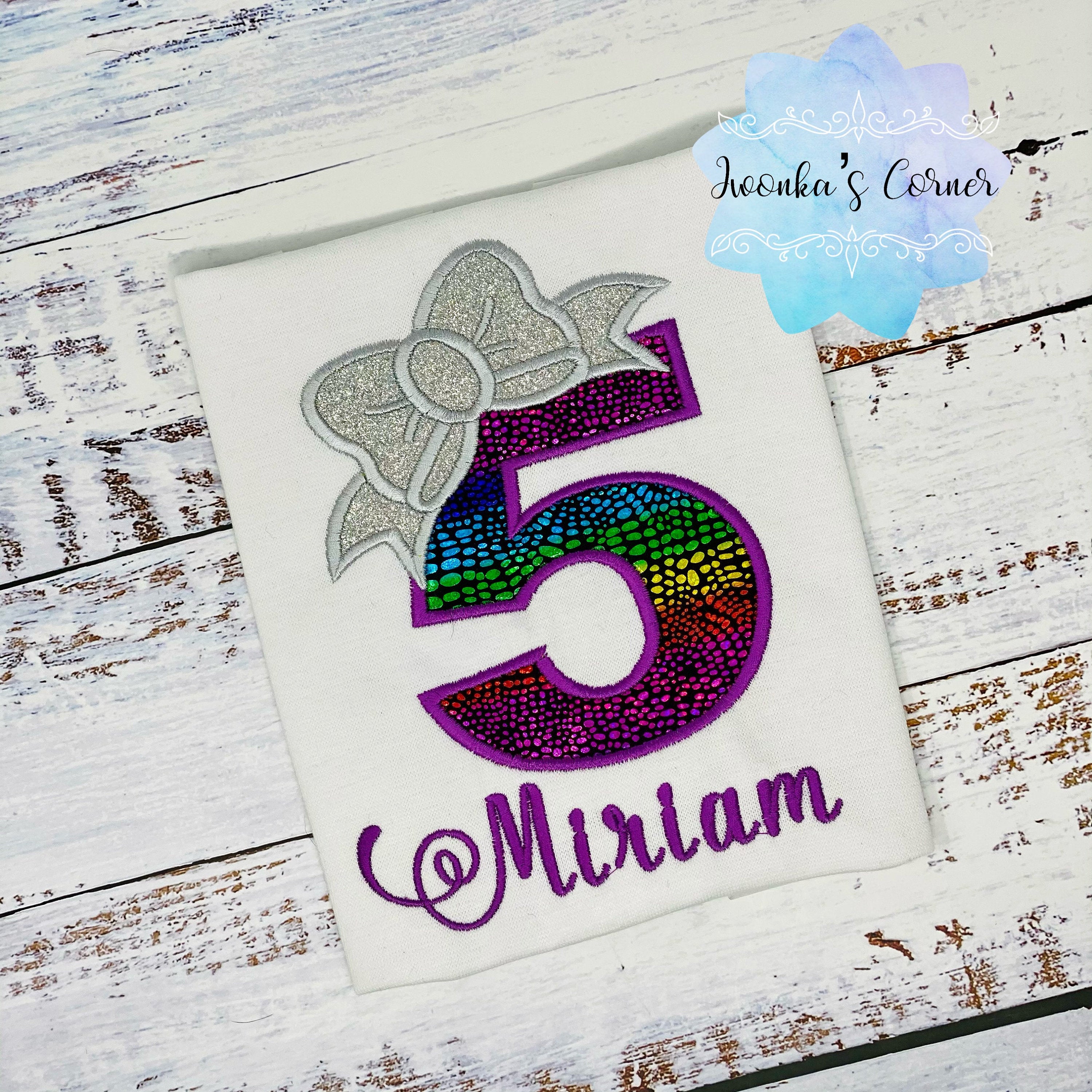 Girl Birthday Shirt with Rainbow Number and Silver Bow, 5th Birthday Outfit, Personalized Shirt, 1st, 2nd, 3rd, 4th birthday shirt,