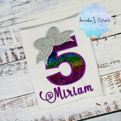 Girl Birthday Shirt with Rainbow Number and Silver Bow, 5th Birthday Outfit, Personalized Shirt, 1st, 2nd, 3rd, 4th birthday shirt,