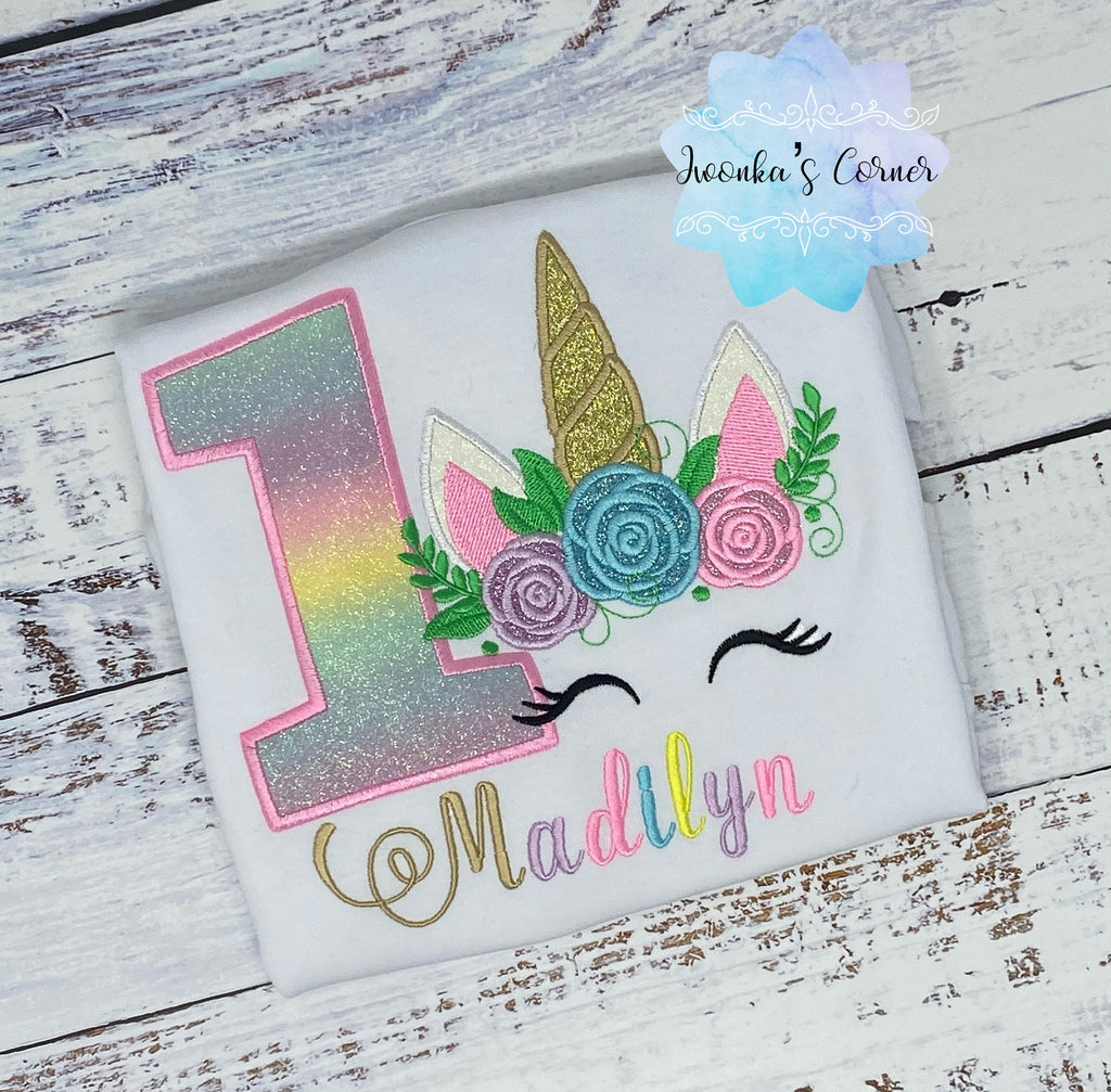 Girl birthday 1st shirt with floral crown unicorn, Embroidery unicorn shirt, 5th birthday unicorn shirt for a girl, First birthday shirt
