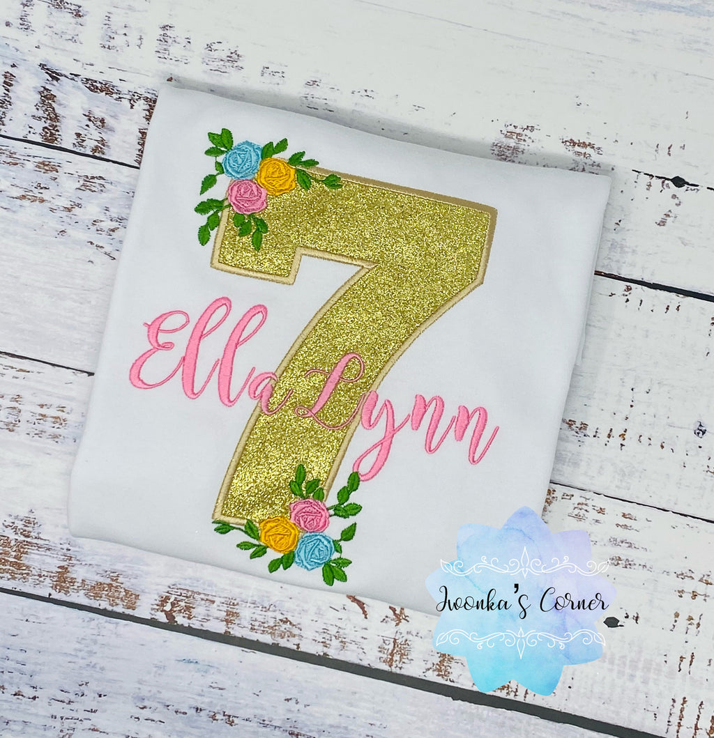 Girl 7th birthday Floral shirt, Girl Shirt With Roses, Floral birthday shirt, Birthday Roses, Pink Name, Embroidery Applique shirt