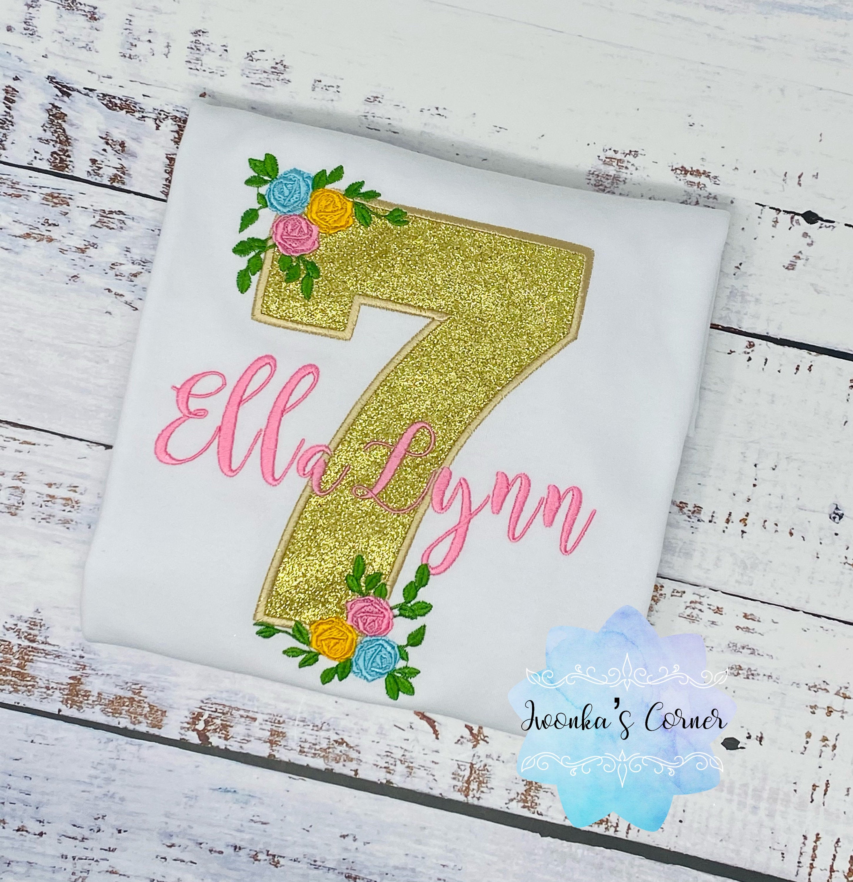 Girl 7th birthday Floral shirt, Girl Shirt With Roses, Floral birthday shirt, Birthday Roses, Pink Name, Embroidery Applique shirt