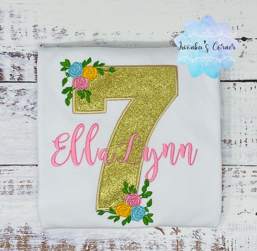 Girl 7th birthday Floral shirt, Girl Shirt With Roses, Floral birthday shirt, Birthday Roses, Pink Name, Embroidery Applique shirt
