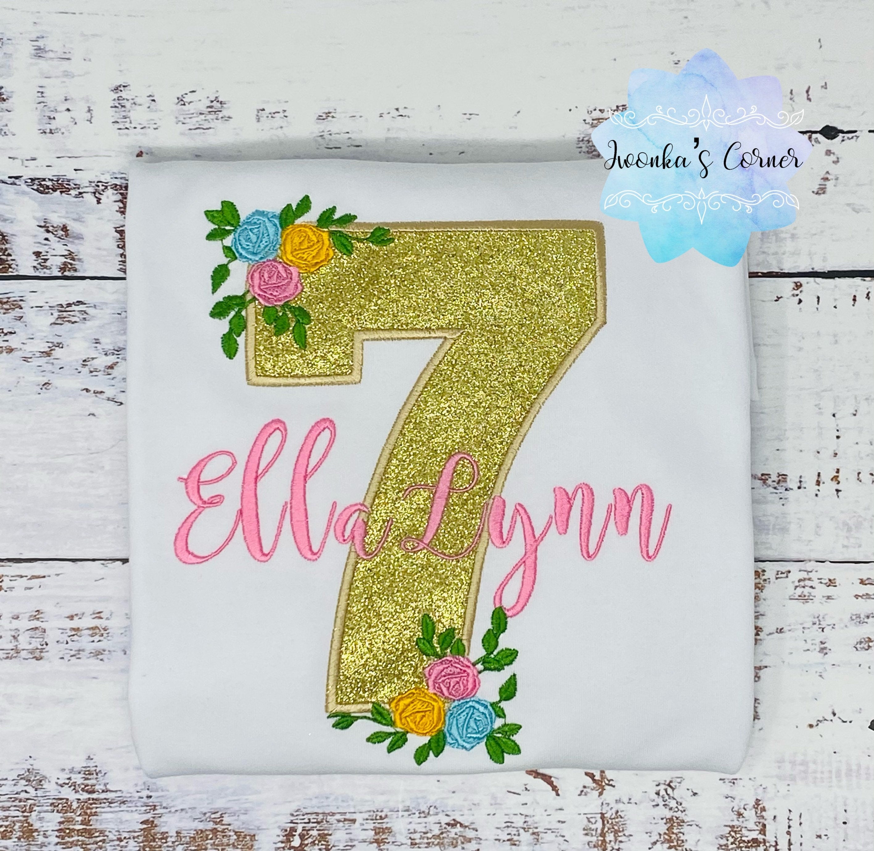 Girl 7th birthday Floral shirt, Girl Shirt With Roses, Floral birthday shirt, Birthday Roses, Pink Name, Embroidery Applique shirt