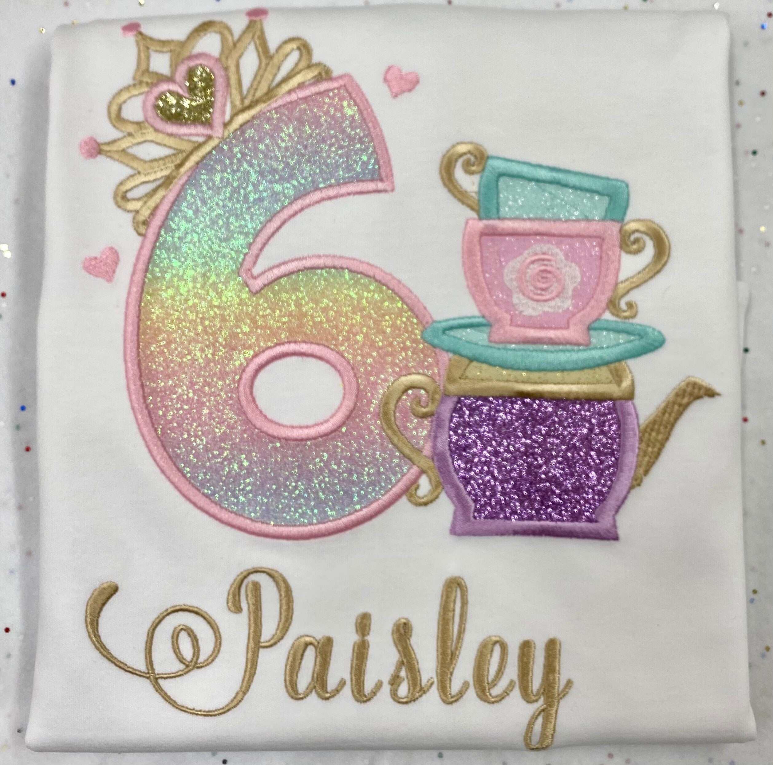 Girl 6th Birthday Shirt with princess tiara Number and tea cups, Tea party shirt, 2nd, 3rd, 4th, 5th, 7th birthday outfit for tea party