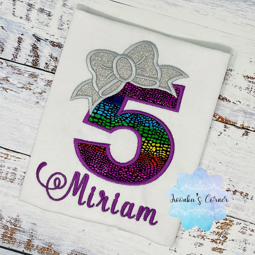 Girl Birthday Shirt with Rainbow Number and Silver Bow, 5th Birthday Outfit, Personalized Shirt, 1st, 2nd, 3rd, 4th birthday shirt,